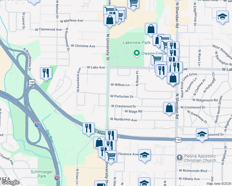 map of restaurants, bars, coffee shops, grocery stores, and more near 1211 West Purtscher Drive in Peoria
