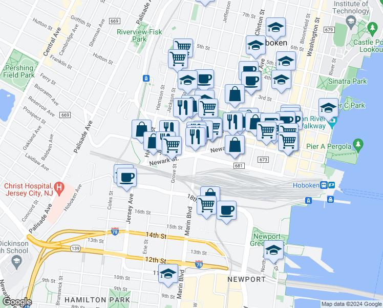 map of restaurants, bars, coffee shops, grocery stores, and more near Observer Highway in Hudson County