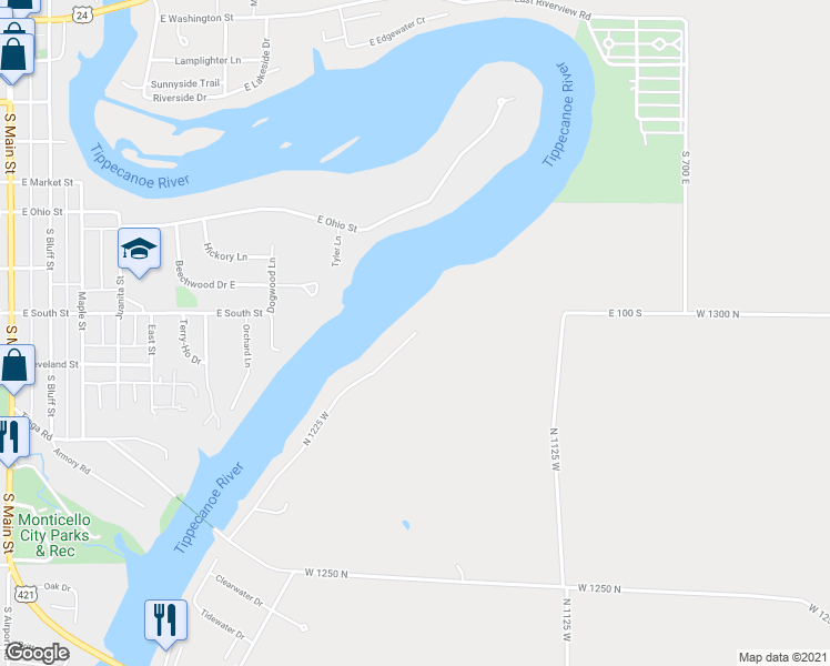 map of restaurants, bars, coffee shops, grocery stores, and more near 12501 North 1225 West in Monticello