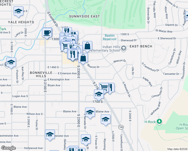 map of restaurants, bars, coffee shops, grocery stores, and more near 1502 South 2400 East in Salt Lake City