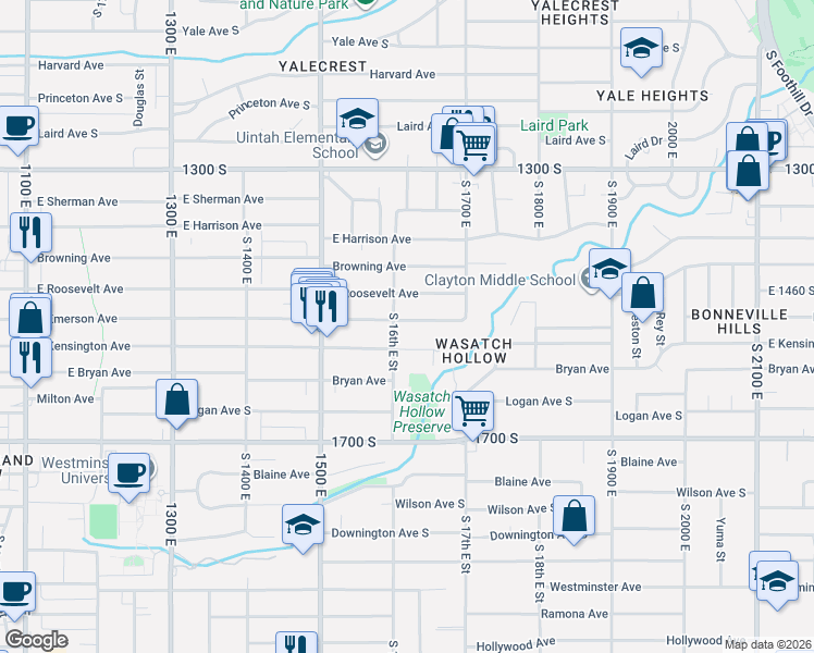 map of restaurants, bars, coffee shops, grocery stores, and more near 1612 East Emerson Avenue in Salt Lake City