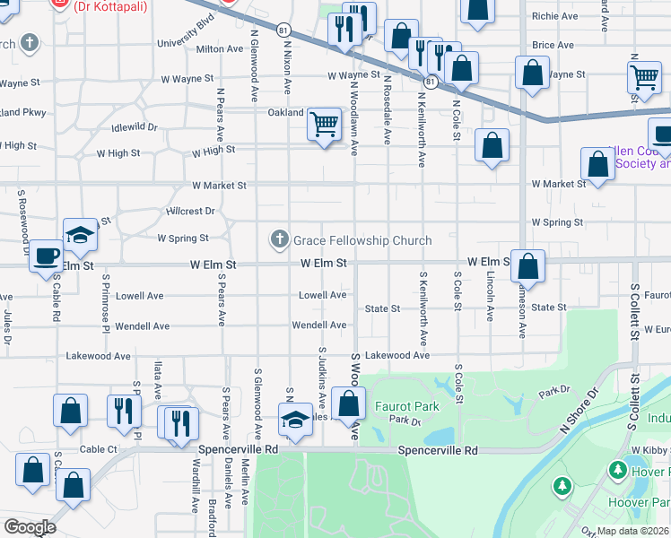 map of restaurants, bars, coffee shops, grocery stores, and more near 1423 West Elm Street in Lima