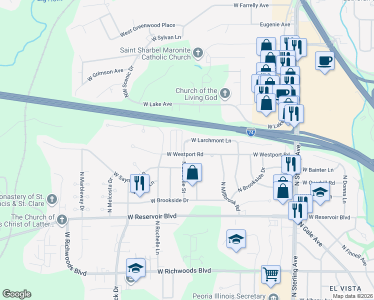 map of restaurants, bars, coffee shops, grocery stores, and more near 3033 West Westport Road in Peoria
