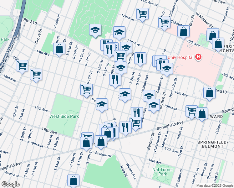 map of restaurants, bars, coffee shops, grocery stores, and more near 467 15th Avenue in Newark