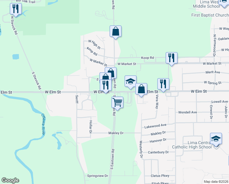 map of restaurants, bars, coffee shops, grocery stores, and more near 3314 West Elm Street in Lima