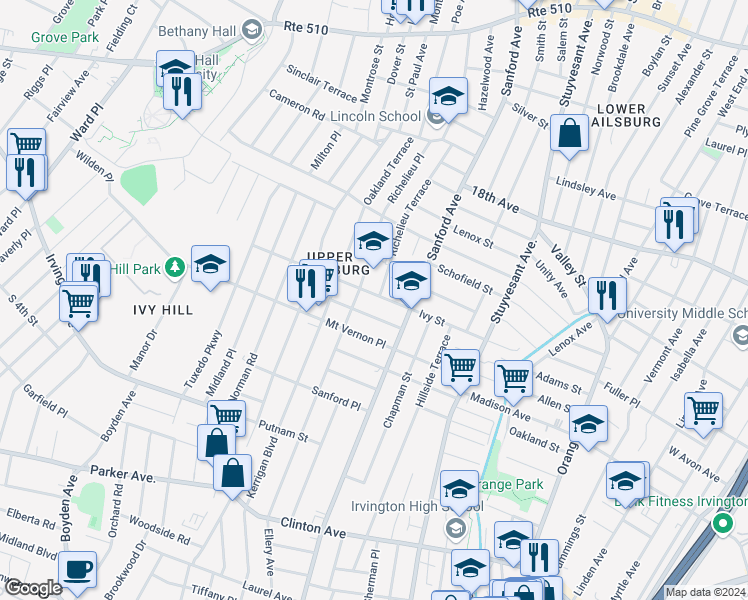 map of restaurants, bars, coffee shops, grocery stores, and more near 108 Ivy Street in Newark