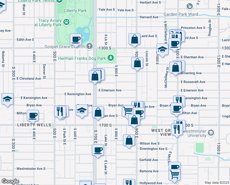 map of restaurants, bars, coffee shops, grocery stores, and more near 788 East Emerson Avenue in Salt Lake City