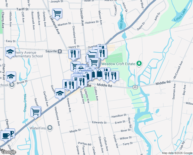 map of restaurants, bars, coffee shops, grocery stores, and more near 102 Middle Road in Bayport