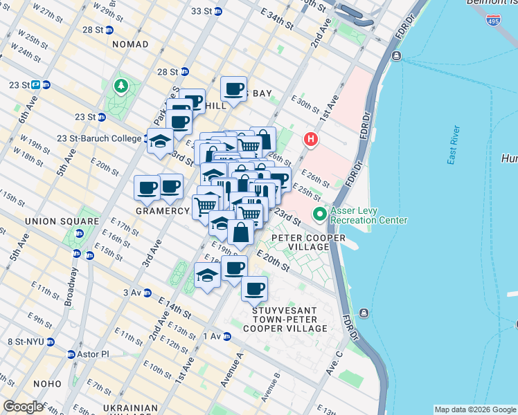 map of restaurants, bars, coffee shops, grocery stores, and more near 340 East 23rd Street in New York