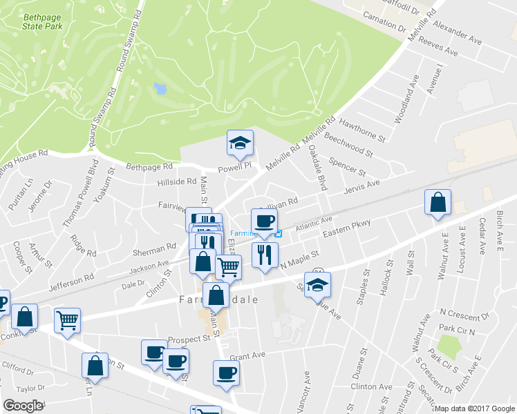 map of restaurants, bars, coffee shops, grocery stores, and more near 25 Sullivan Road in Farmingdale