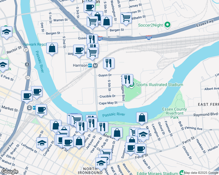 map of restaurants, bars, coffee shops, grocery stores, and more near 900 Frank E Rodgers Boulevard South in Harrison