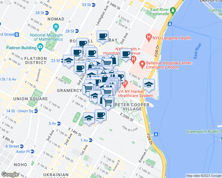 map of restaurants, bars, coffee shops, grocery stores, and more near 320 East 23rd Street in New York