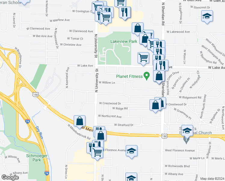 map of restaurants, bars, coffee shops, grocery stores, and more near 1119 West Purtscher Drive in Peoria