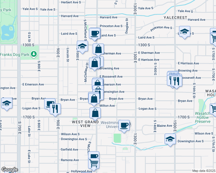 map of restaurants, bars, coffee shops, grocery stores, and more near 1156 East Emerson Avenue in Salt Lake City