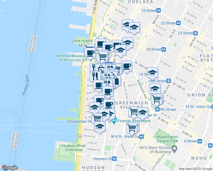map of restaurants, bars, coffee shops, grocery stores, and more near Greenwich St & Bethune St in New York