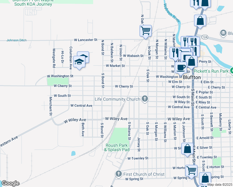 map of restaurants, bars, coffee shops, grocery stores, and more near 917 West South Street in Bluffton