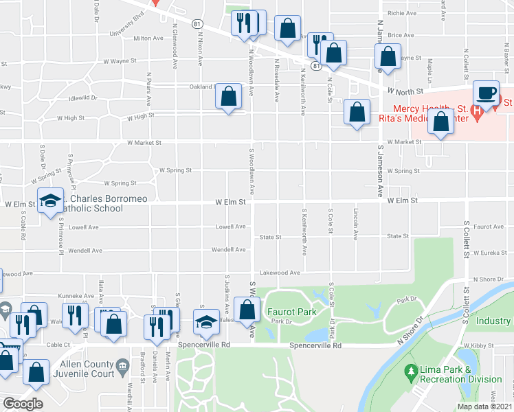 map of restaurants, bars, coffee shops, grocery stores, and more near 301 S Woodlawn Ave in Lima