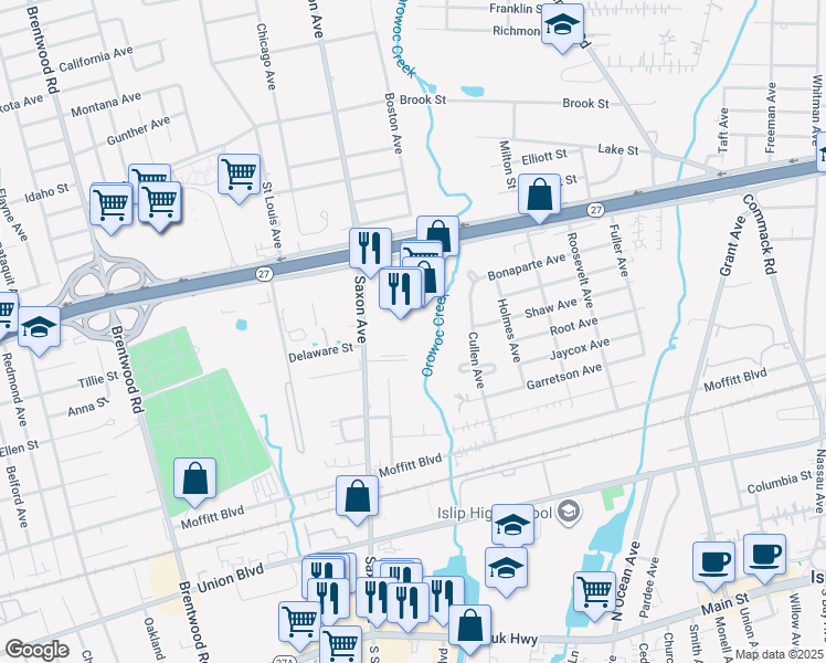 map of restaurants, bars, coffee shops, grocery stores, and more near 2040 Sunrise Highway in Bay Shore