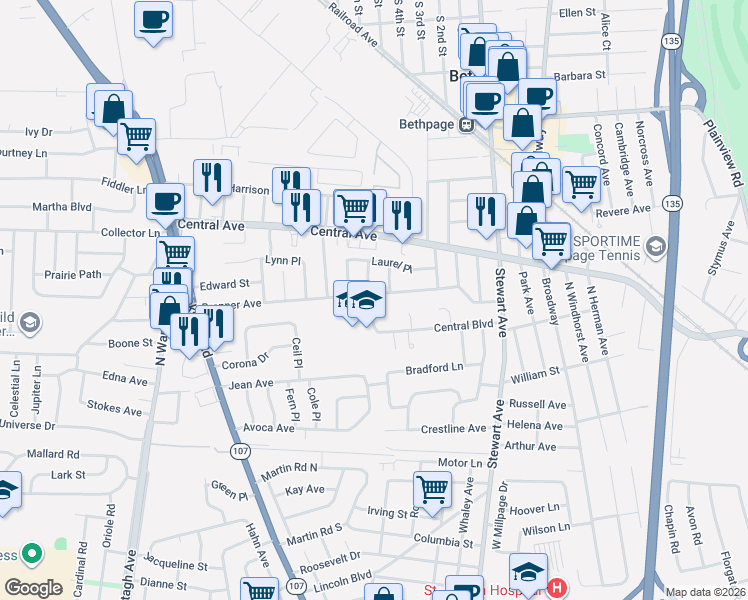 map of restaurants, bars, coffee shops, grocery stores, and more near 57 Brenner Avenue in Bethpage