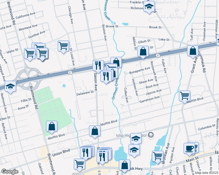 map of restaurants, bars, coffee shops, grocery stores, and more near 2040 Sunrise Highway in Bay Shore