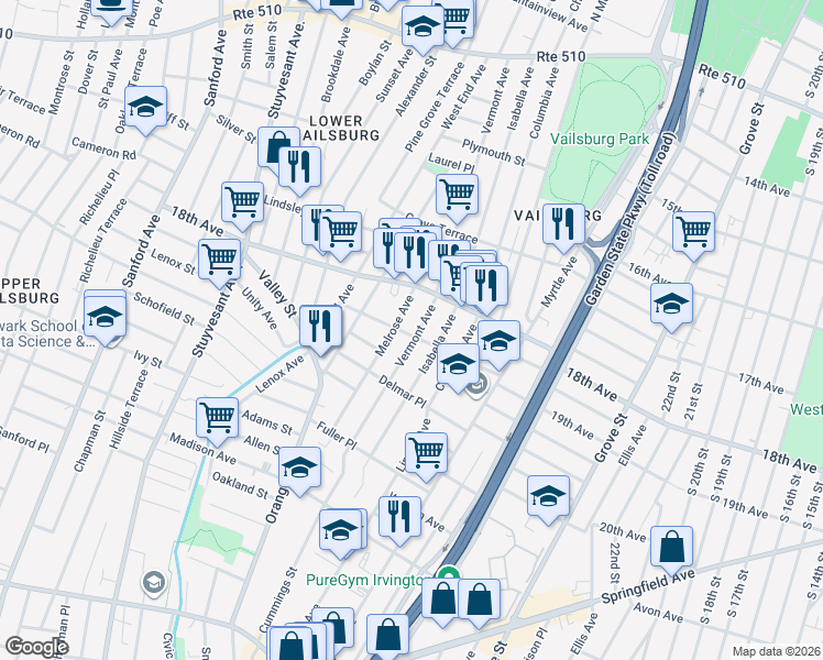 map of restaurants, bars, coffee shops, grocery stores, and more near 233 Vermont Avenue in Irvington