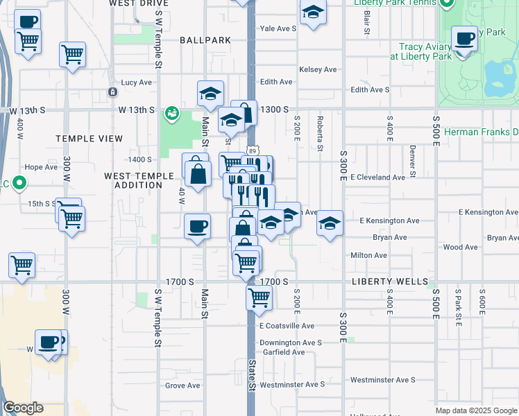 map of restaurants, bars, coffee shops, grocery stores, and more near 1465 State Street in Salt Lake City