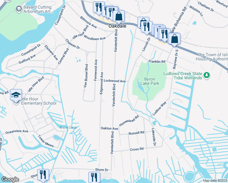 map of restaurants, bars, coffee shops, grocery stores, and more near 183 Vanderbilt Boulevard in Oakdale