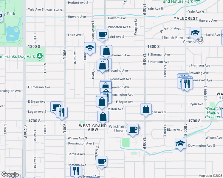 map of restaurants, bars, coffee shops, grocery stores, and more near 1130 East Emerson Avenue in Salt Lake City