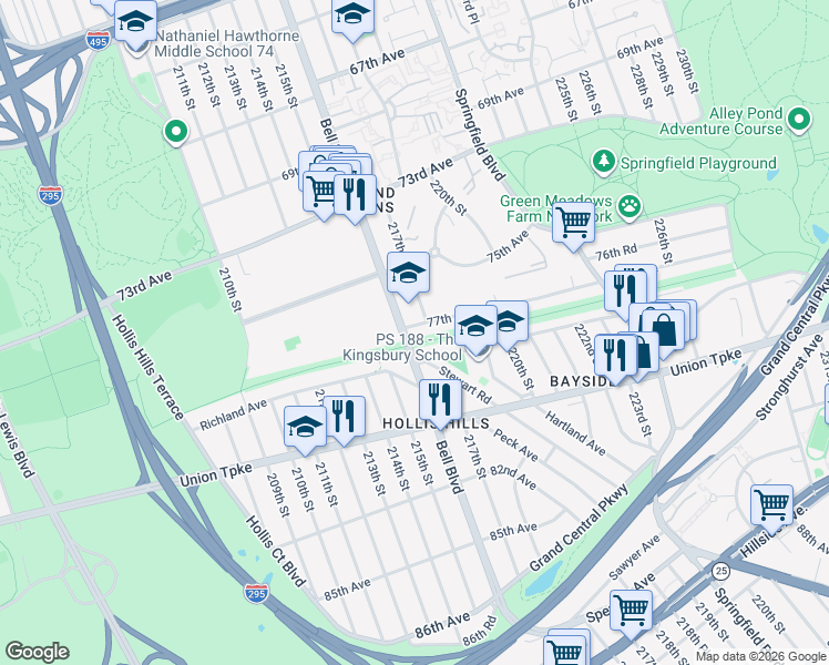 map of restaurants, bars, coffee shops, grocery stores, and more near 216-10 77th Avenue in Queens