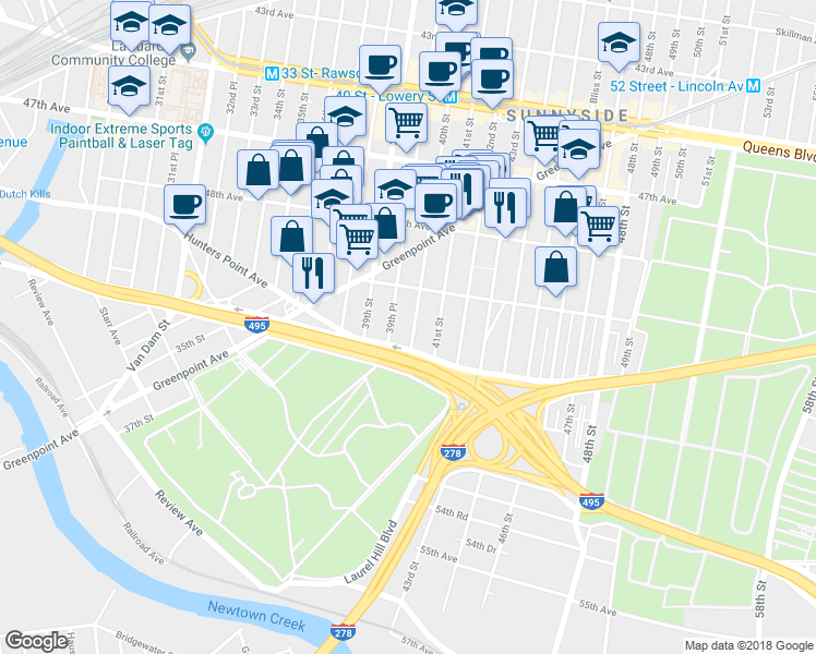 map of restaurants, bars, coffee shops, grocery stores, and more near 50-38 40th Street in Queens