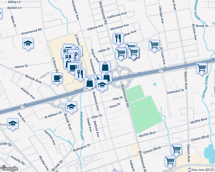 map of restaurants, bars, coffee shops, grocery stores, and more near 1754 Sunrise Highway South Service Road in Bay Shore
