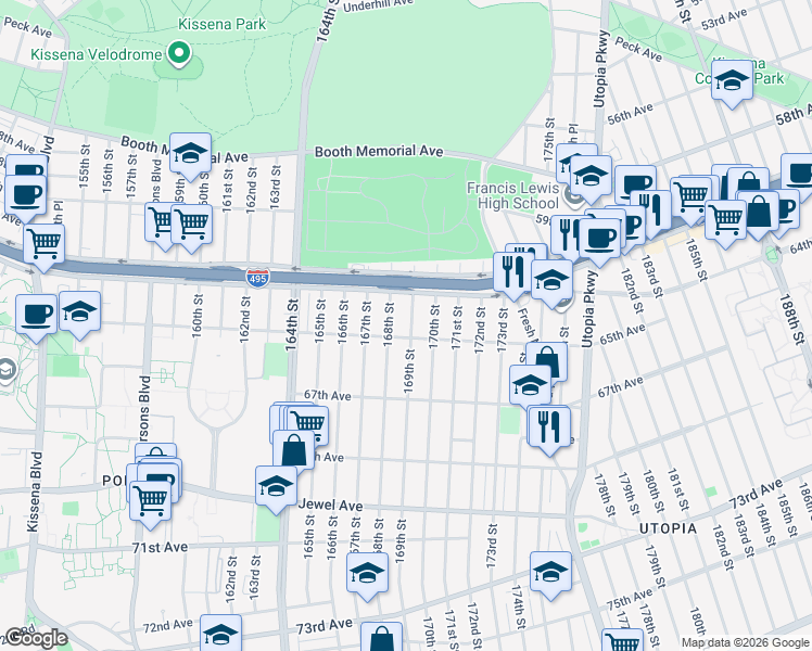 map of restaurants, bars, coffee shops, grocery stores, and more near 61-42 169th Street in Queens