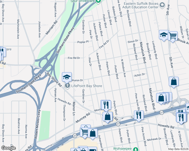 map of restaurants, bars, coffee shops, grocery stores, and more near 1369 Pine Drive in Bay Shore