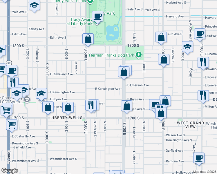 map of restaurants, bars, coffee shops, grocery stores, and more near 611 East Kensington Avenue in Salt Lake City