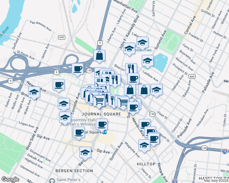 map of restaurants, bars, coffee shops, grocery stores, and more near 225 Saint Pauls Avenue in Jersey City