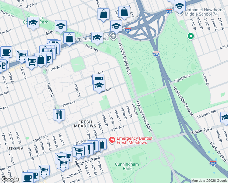 map of restaurants, bars, coffee shops, grocery stores, and more near 69-08 197th Street in Queens