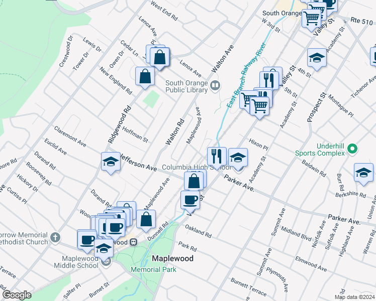 map of restaurants, bars, coffee shops, grocery stores, and more near 48 Maplewood Avenue in Maplewood