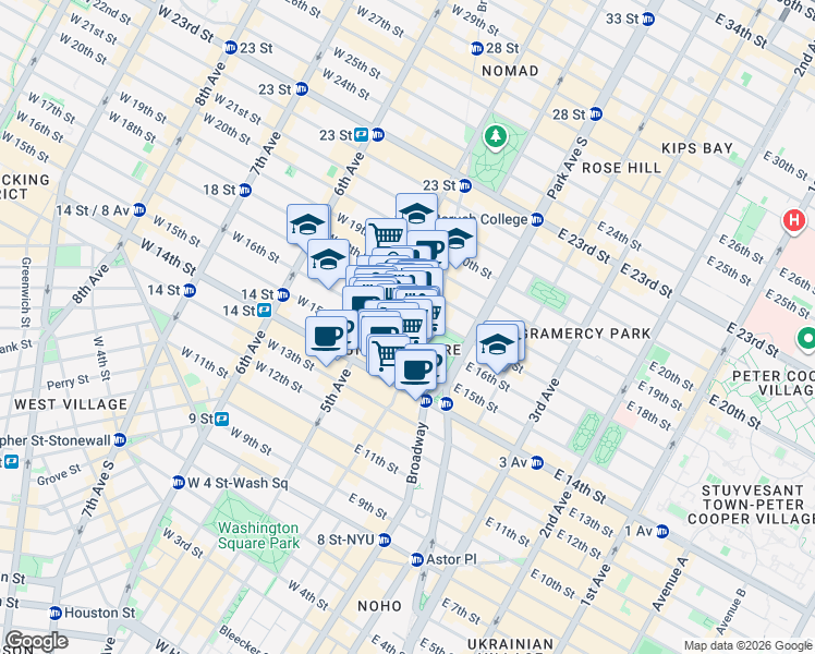 map of restaurants, bars, coffee shops, grocery stores, and more near 17 East 16th Street in New York