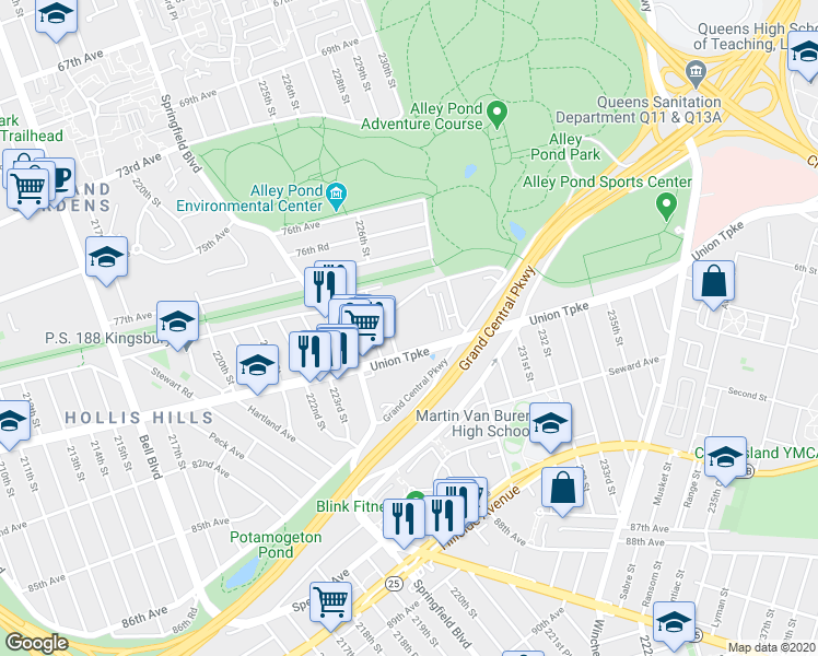 map of restaurants, bars, coffee shops, grocery stores, and more near 78-19 226th Street in Queens