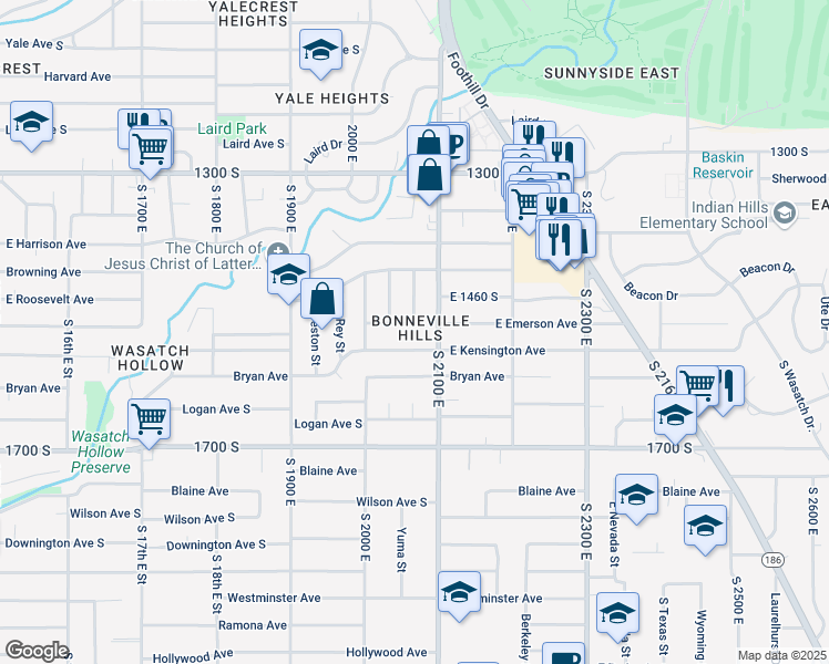 map of restaurants, bars, coffee shops, grocery stores, and more near 2062 East Emerson Avenue in Salt Lake City