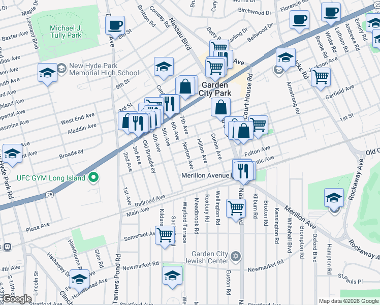 map of restaurants, bars, coffee shops, grocery stores, and more near 32 Park Avenue in New Hyde Park