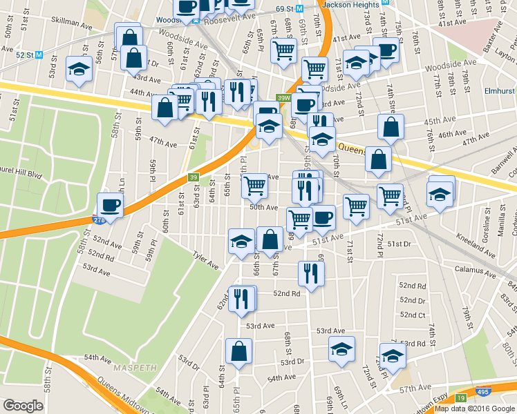 map of restaurants, bars, coffee shops, grocery stores, and more near 50th Avenue & 66th Street in Queens