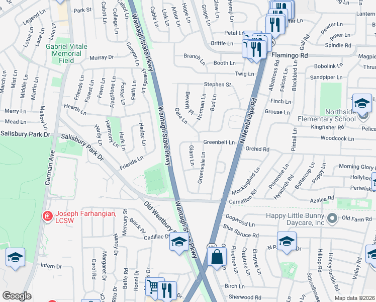 map of restaurants, bars, coffee shops, grocery stores, and more near 10 Giant Lane in Levittown