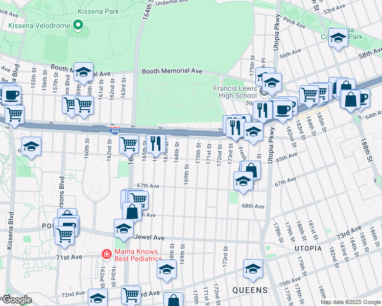 map of restaurants, bars, coffee shops, grocery stores, and more near 61-41 169th Street in Queens