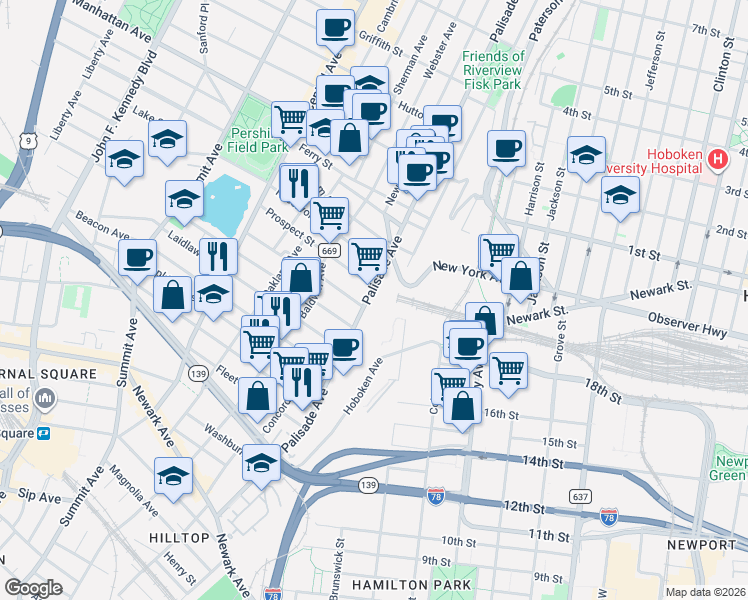 map of restaurants, bars, coffee shops, grocery stores, and more near 235 Palisade Avenue in Jersey City