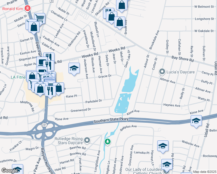 map of restaurants, bars, coffee shops, grocery stores, and more near 32 Seley Drive in North Babylon