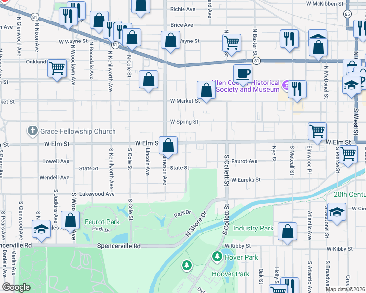 map of restaurants, bars, coffee shops, grocery stores, and more near 304 South Charles Street in Lima