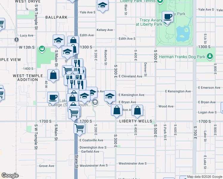 map of restaurants, bars, coffee shops, grocery stores, and more near 271 East Kensington Avenue in Salt Lake City
