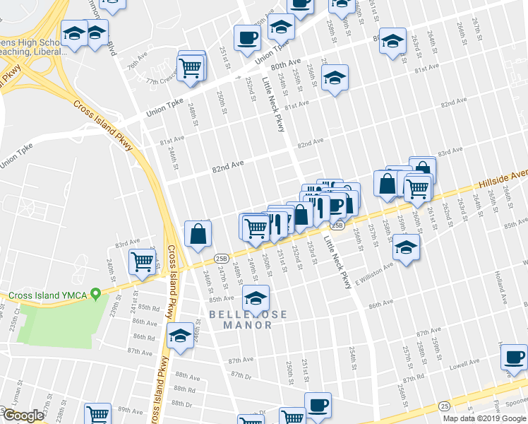 map of restaurants, bars, coffee shops, grocery stores, and more near 83-08 251st Street in Queens