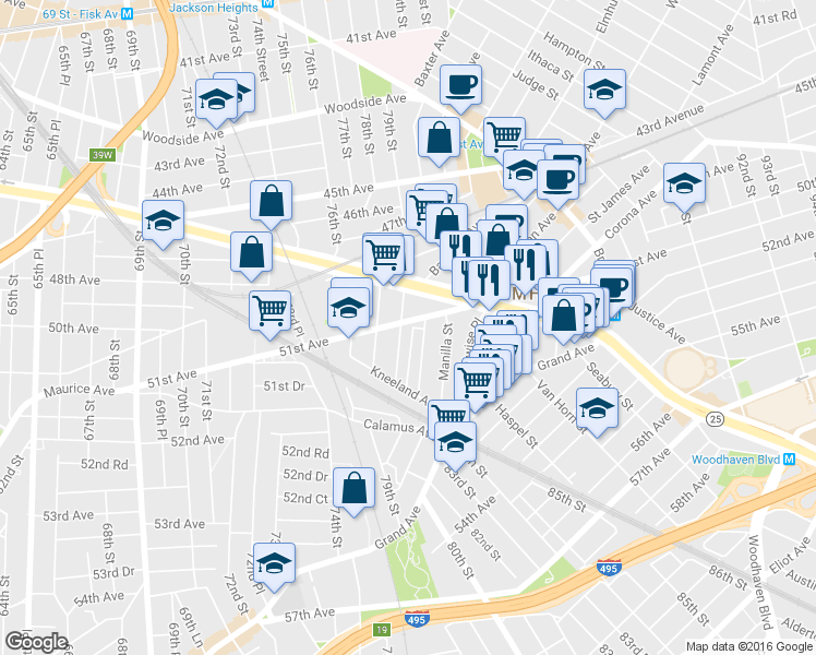 map of restaurants, bars, coffee shops, grocery stores, and more near 51-01 Hillyer Street in Queens